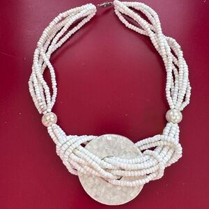 White beaded statement necklace w/ mother of pearl mosaic pendant